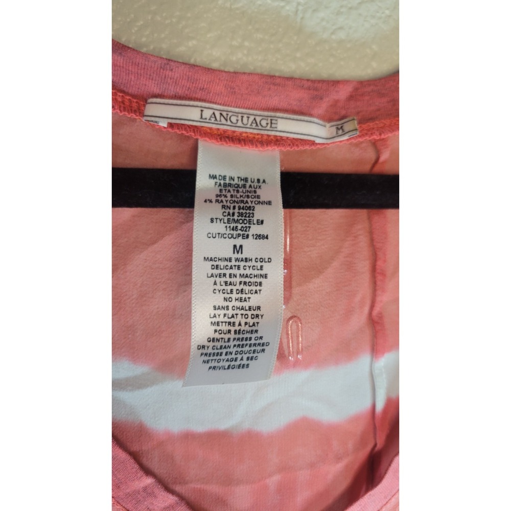 Language Silk‎ Sheer V-Neck Long Sleeve Blouse Coral Stripe Size M - Picture 4 of 8